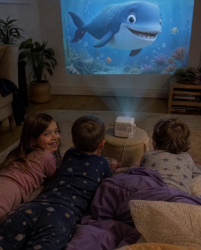 Kids wrapped in blankets on the floor watching a film on the wall