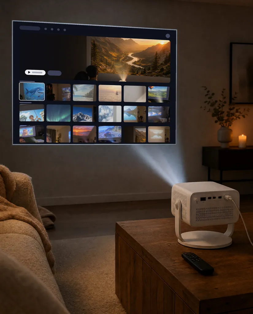 The Cineva One on a coffee table putting a streaming home screen with rows of films on the lounge wall, a lamp on beside the sofa