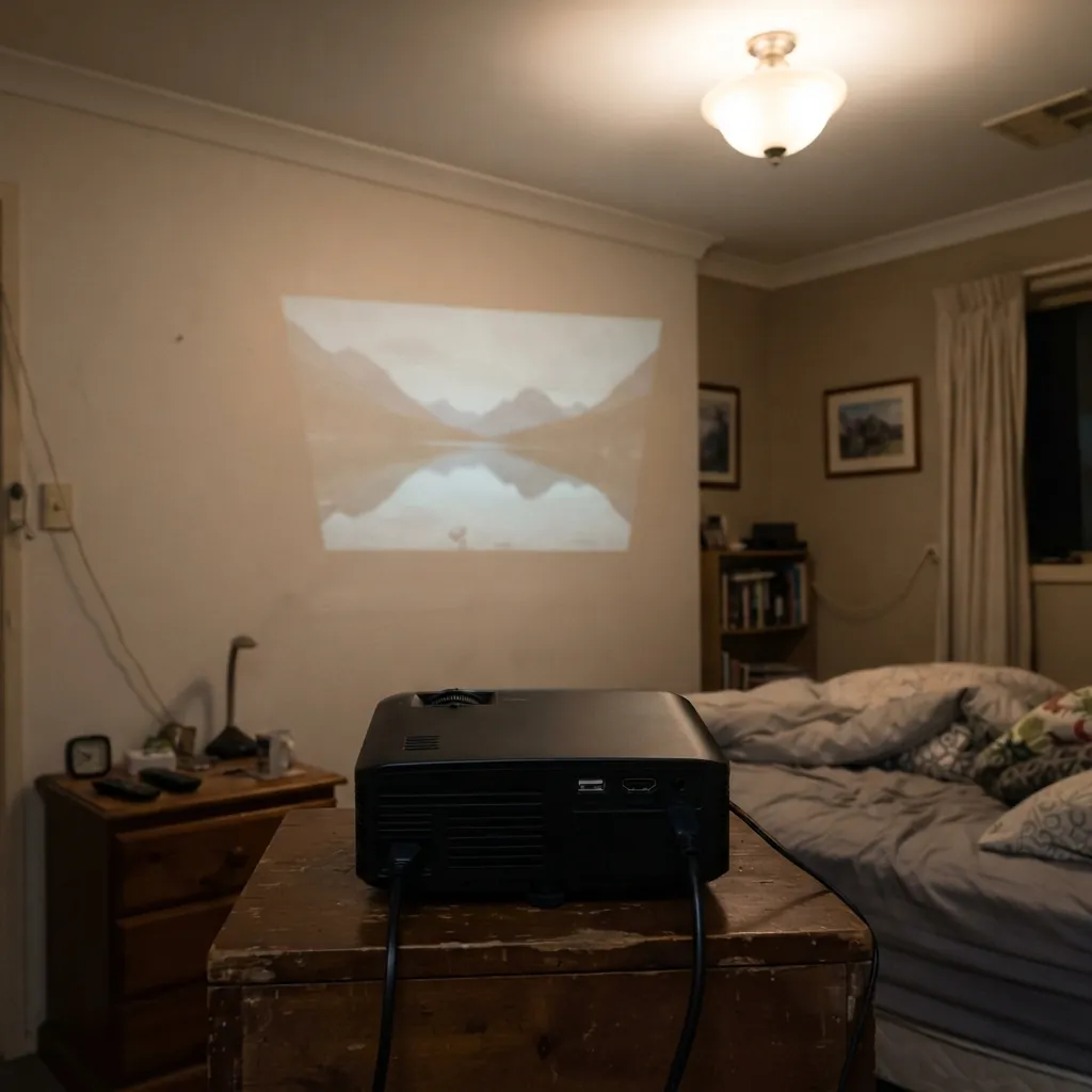 A dim, grey, soft picture from a cheap projector on a bedroom wall