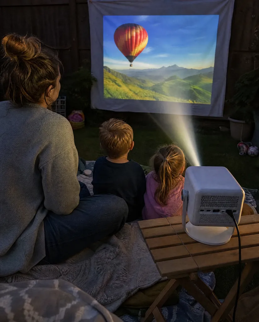 A mum and two children on blankets in the garden at dusk, the sky still blue, watching a bright film on a sheet pegged to the fence, the Cineva One on a small table
