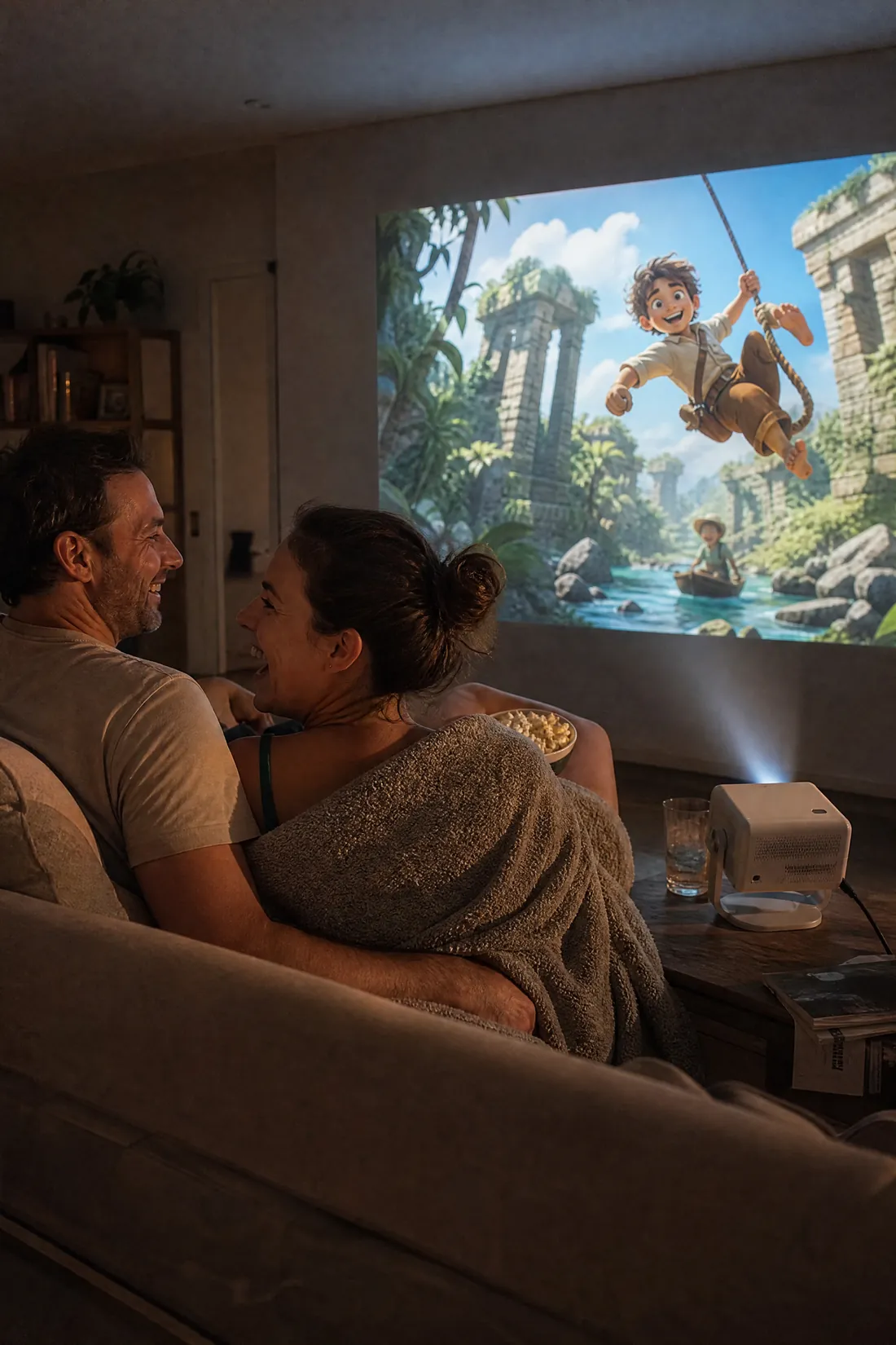 A 2.5-metre film on a lounge wall at night, the Cineva One on the coffee table in front of the sofa
